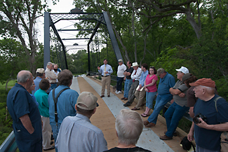 TxDOT Yoakum District Engineer Lonnie Gregorcyk speaks at the Piano Bridge reopening about the restoration project.