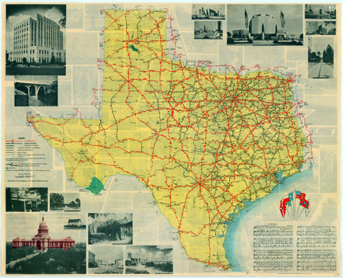 The Highway Department pulled out all the stops for the 1936 Centennial highway map, including not only the usual road and geographic information but also historical information, tourist stops, and even the words to the state song, "Texas Our Texas." Texas State Archives Map Number 6193