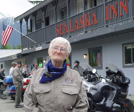Ardys Kellerman in 2003.  She started her 48 Plus ride in White River Junction, Vermont and finished 9-1/2 days and 8543 miles later in Hyder, Alaska, having passed through all of the lower 48 states, plus Alaska!  (photo courtesy of Lone Star BMW/Triumph in Austin, Texas)