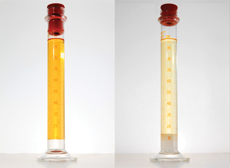 On left: 100% gas / water mixture On right: E10 gas / water mixture exhibiting Hygroscopic nature of ethanol