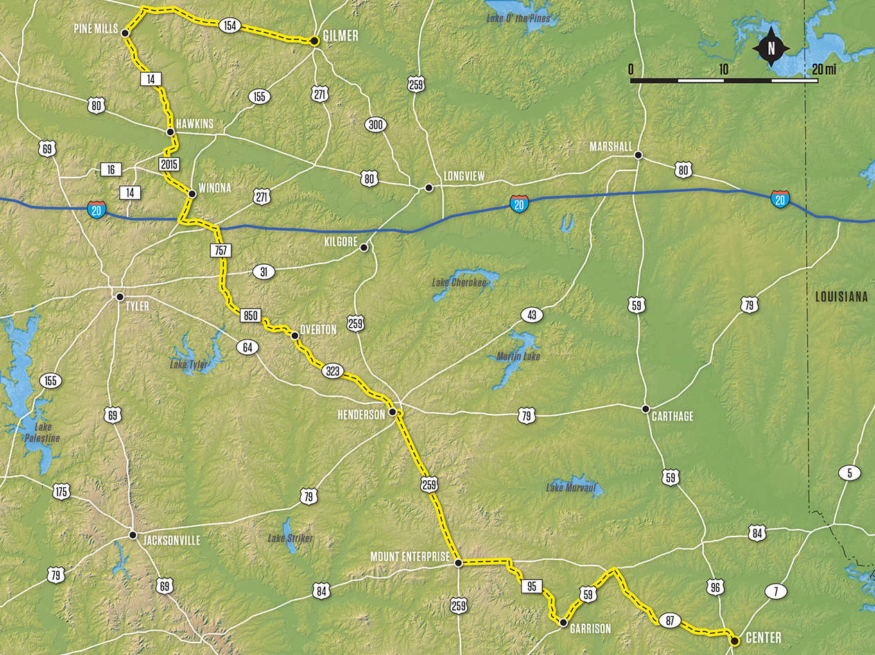 map_Center-Gilmer - Ride Texas : Ride Texas